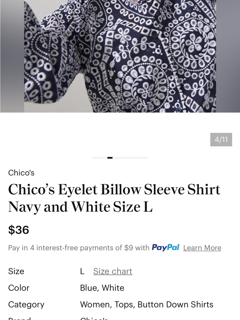Chico's Navy and White Eyelet-Print Billowy Button Shirt - Picture 6 of 12